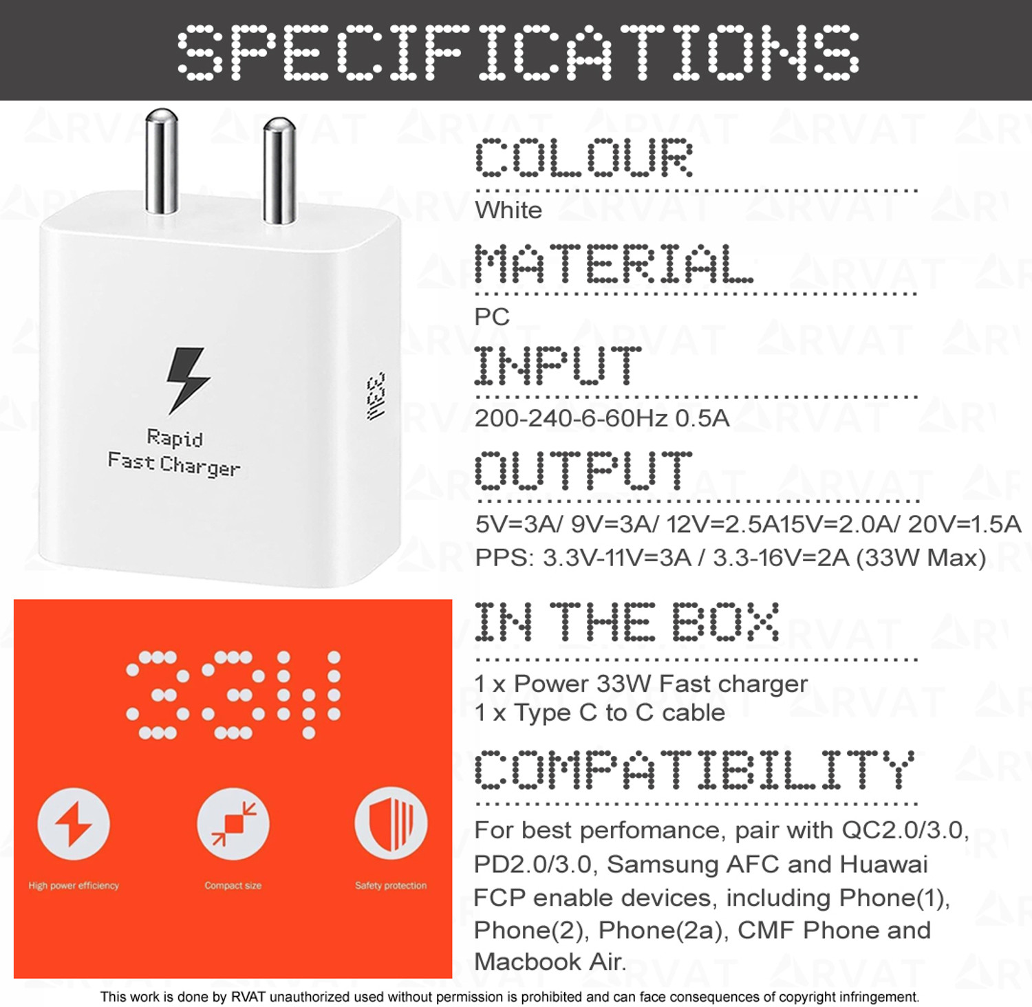Image of RVAT 33 W Quick Charge 3 A Wall Charger for Mobile with Detachable Cable