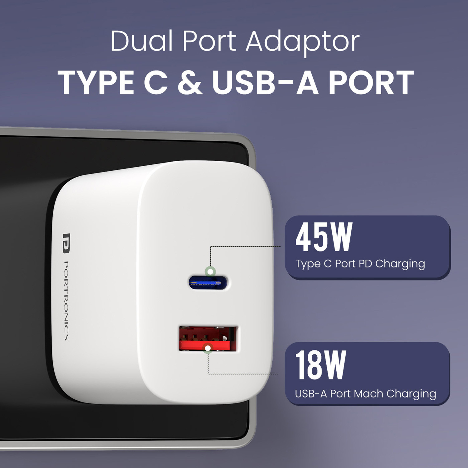 Image of Portronics 45 W GaN 3 A Wall Charger for Mobile