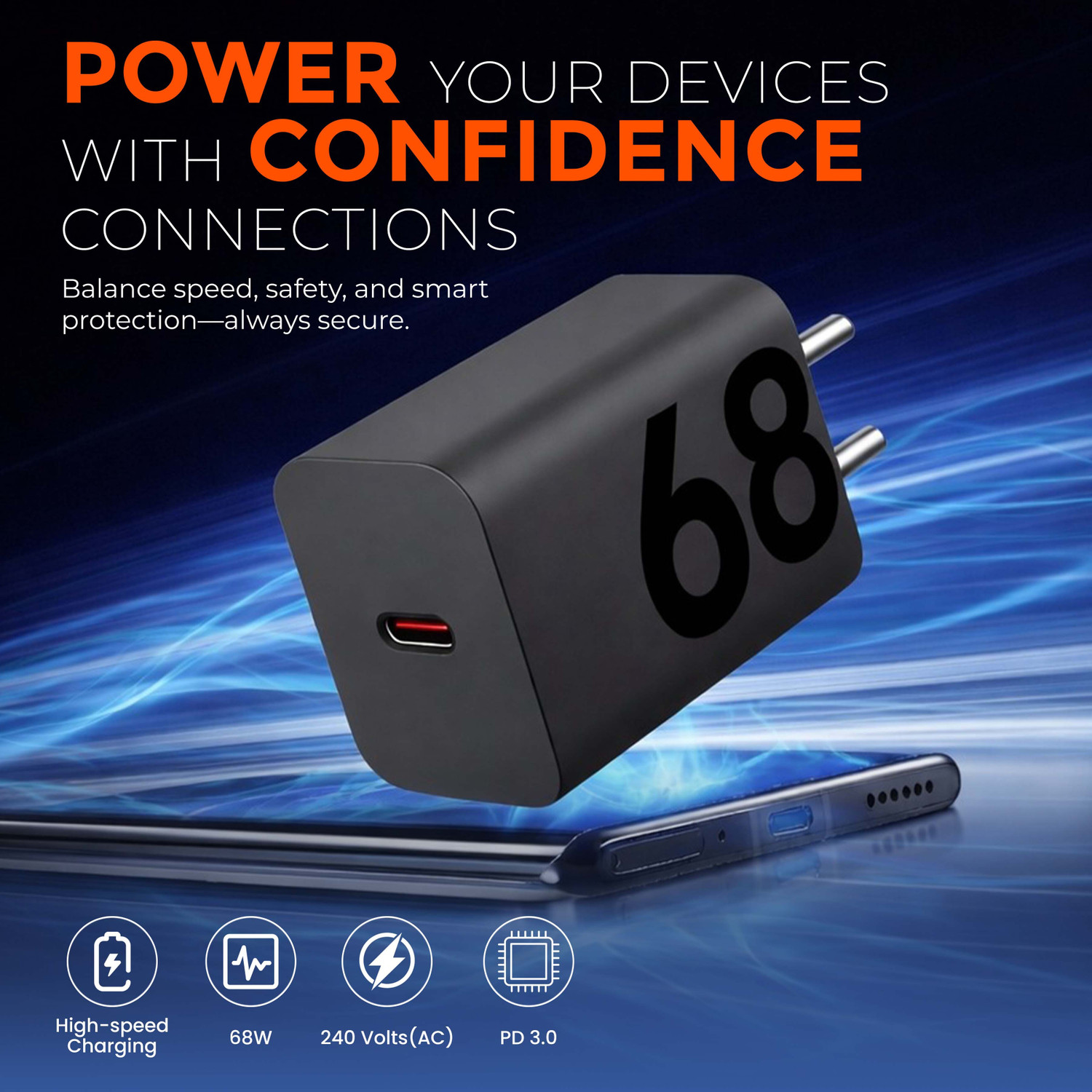 Image of MAK 68 W TurboPower 3.0 6 A Wall Charger for Mobile with Detachable Cable