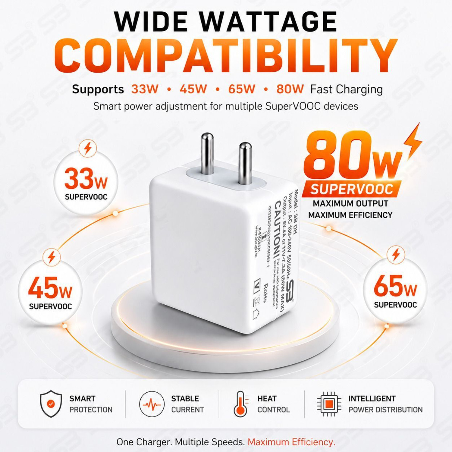 Image of SB 80 W SuperVOOC 7.3 A Wall Charger for Mobile with Detachable Cable