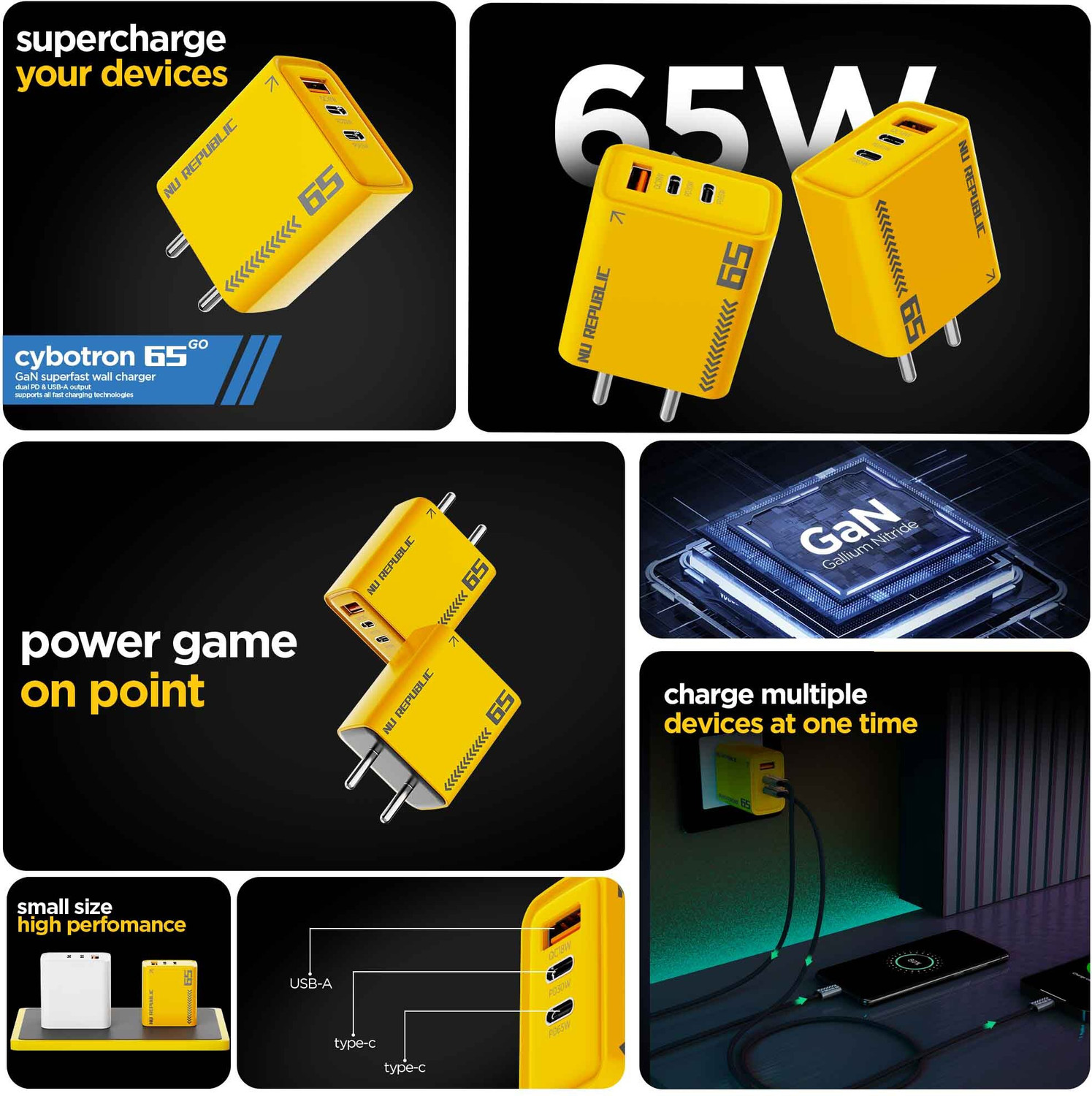 Image of Nu Republic 65 W GaN 6 A 3 Port Mobile Charger (Yellow)