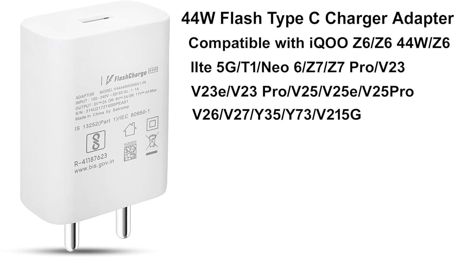 Image of CLAT 44w flash charger vivo V20 SE, vivo V19, vivo V21 5G, V23e 5G, vivo T2 5G 6 A Mobile Charger with Detachable Cable