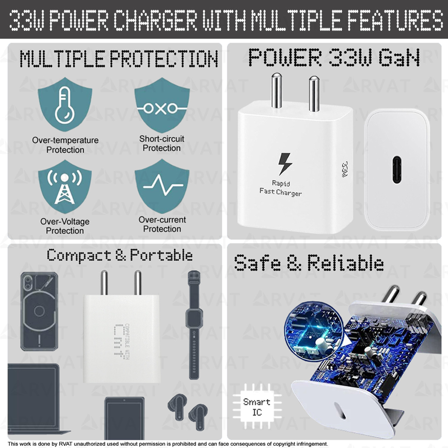 Image of RVAT 33 W Quick Charge 3 A Wall Charger for Mobile with Detachable Cable