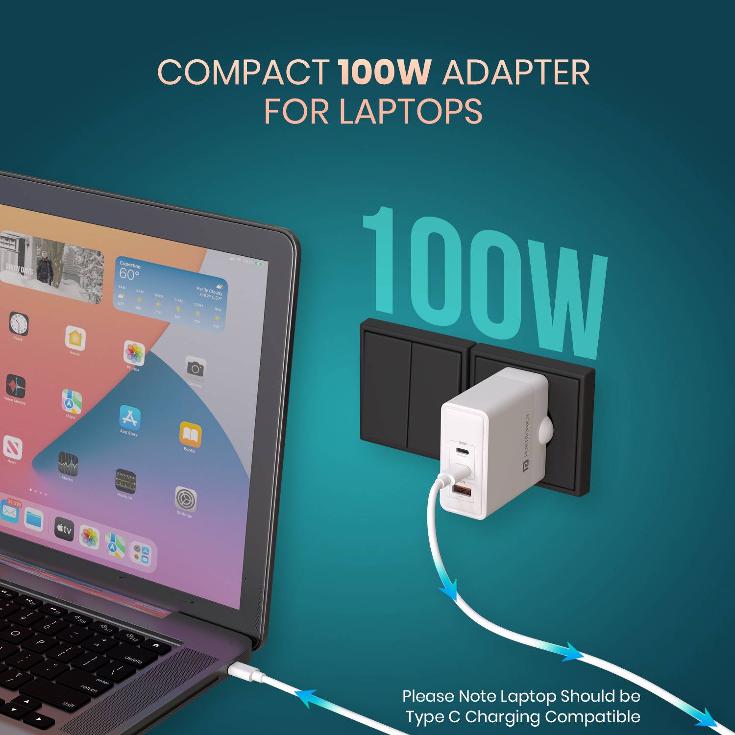 Portronics 100W GaN 3A 3-Port Tablet Charger with Detachable Cable - Image 4
