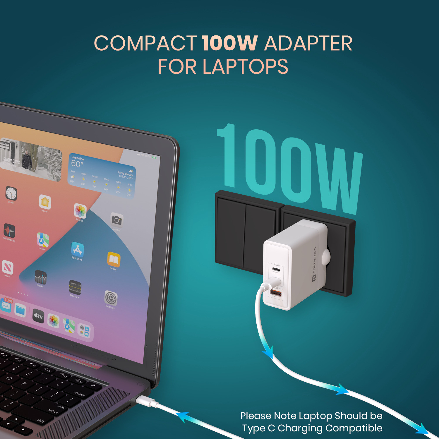 Image of Portronics 100 W GaN 3 A 3 Port Tablet Charger with Detachable Cable