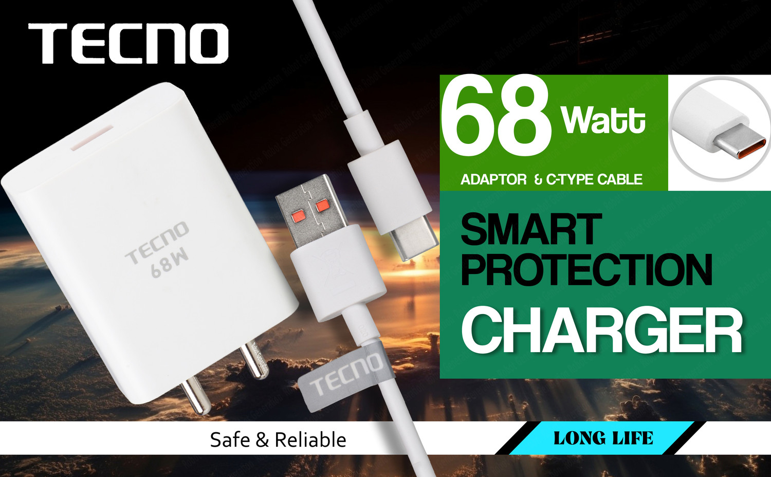 Image of Tecno 68 W Supercharge 6.5 A Wall Charger for Mobile (Pova 5 Pro (LH8n) Infinix GT 10 Pro, Zero 30 (X6731), White C-type, Cable Included)