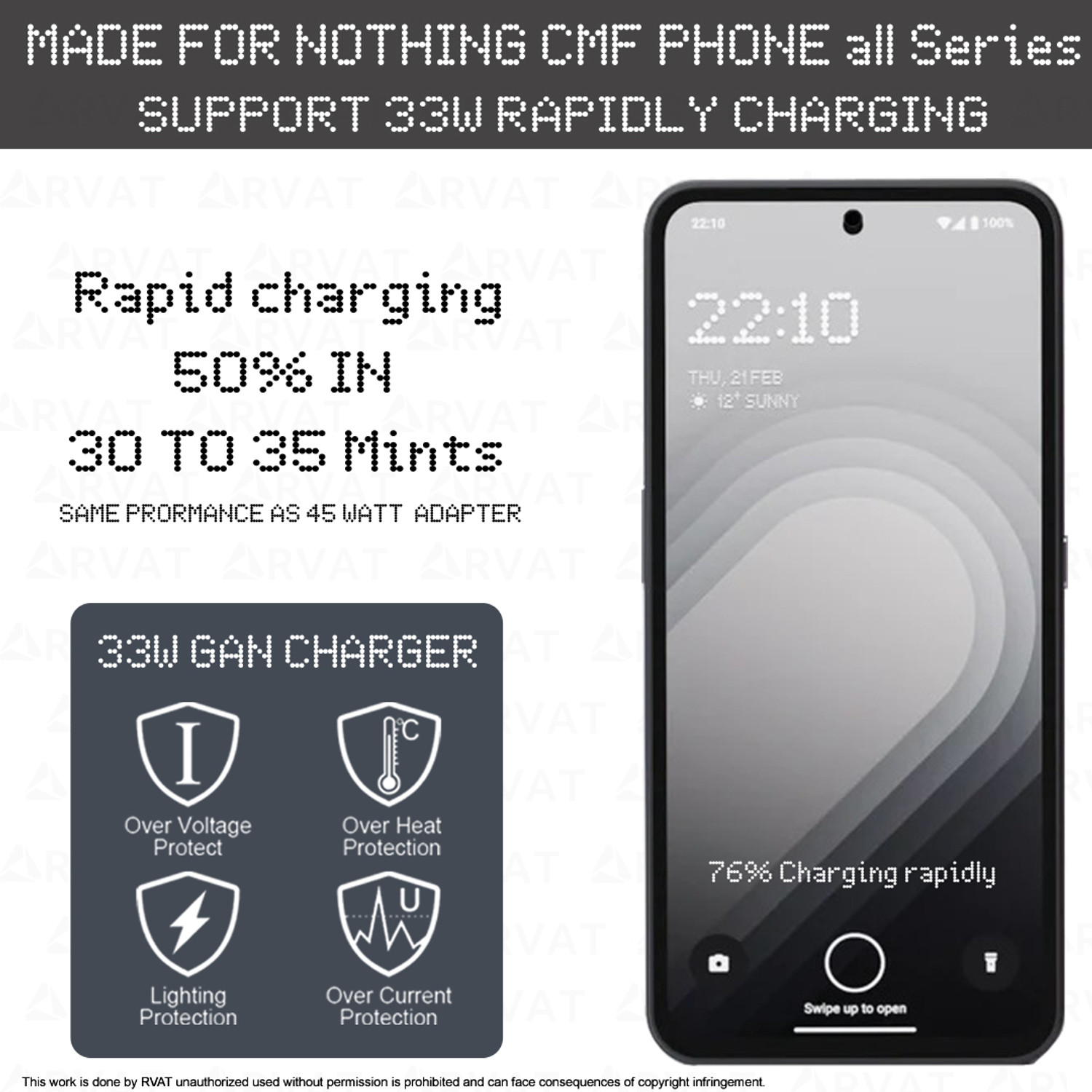 Image of RVAT 33 W Quick Charge 3 A Wall Charger for Mobile with Detachable Cable
