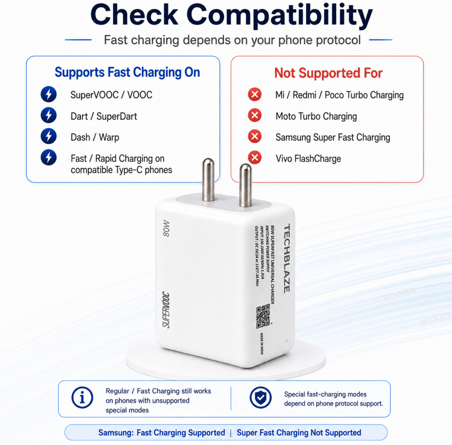 Image of TechBlaze 80 W SuperVOOC 3 A Wall Charger for Mobile with Detachable Cable