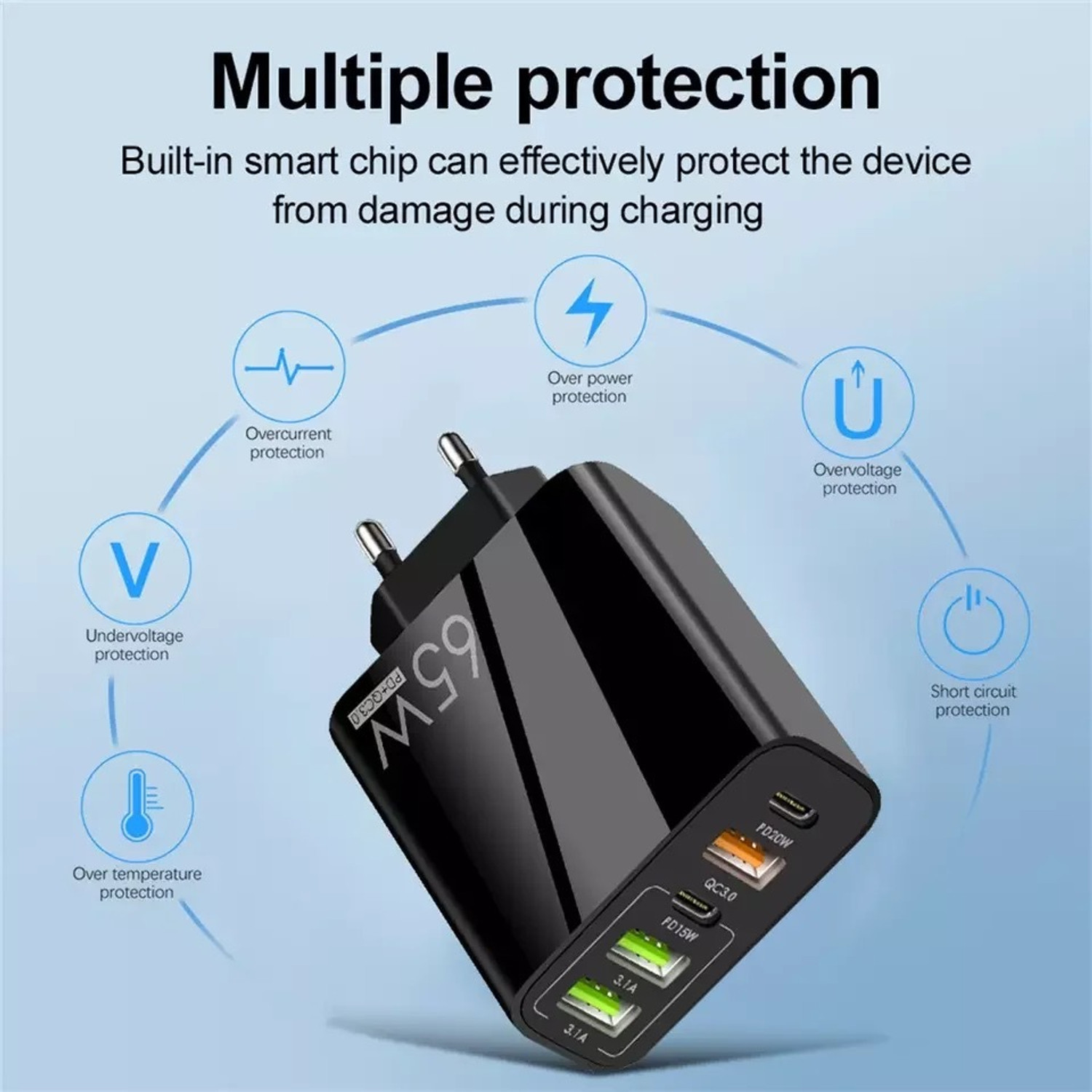 Image of Life Like 65 W Qualcomm 3.0 5.4 A Wall Charger for Mobile with Detachable Cable
