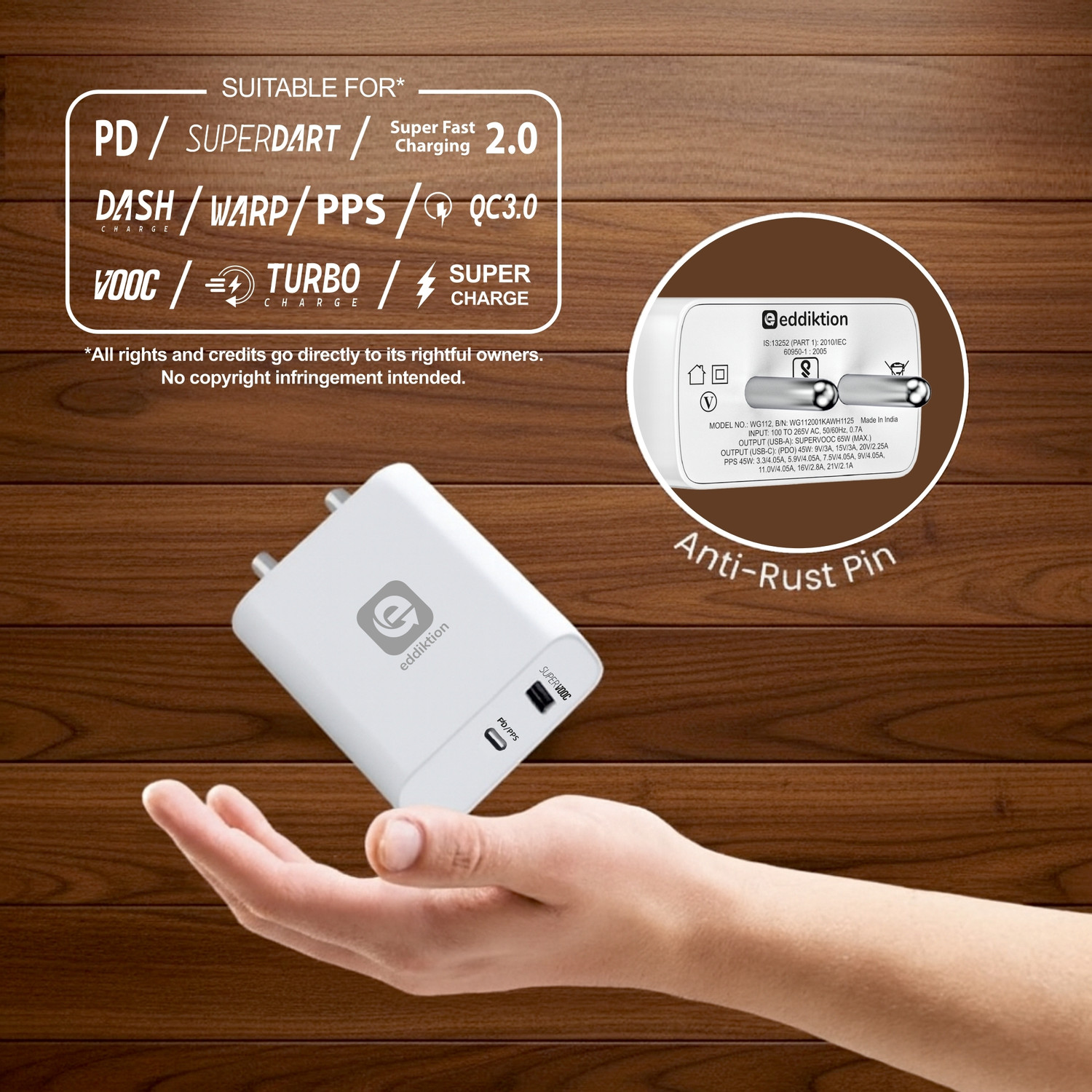 Image of eddiktion 65 W SuperVOOC 2.4 A Dual Port Mobile Charger with Detachable Cable