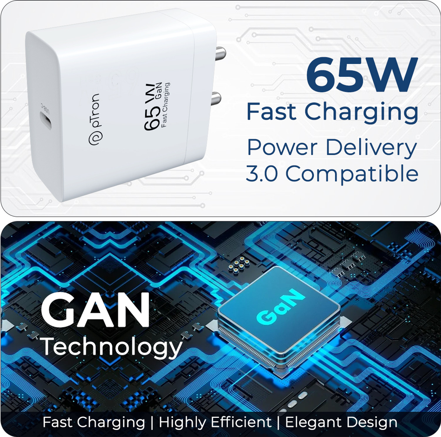 Image of PTron 65 W GaN 3.25 A Wall Charger for Mobile (White)