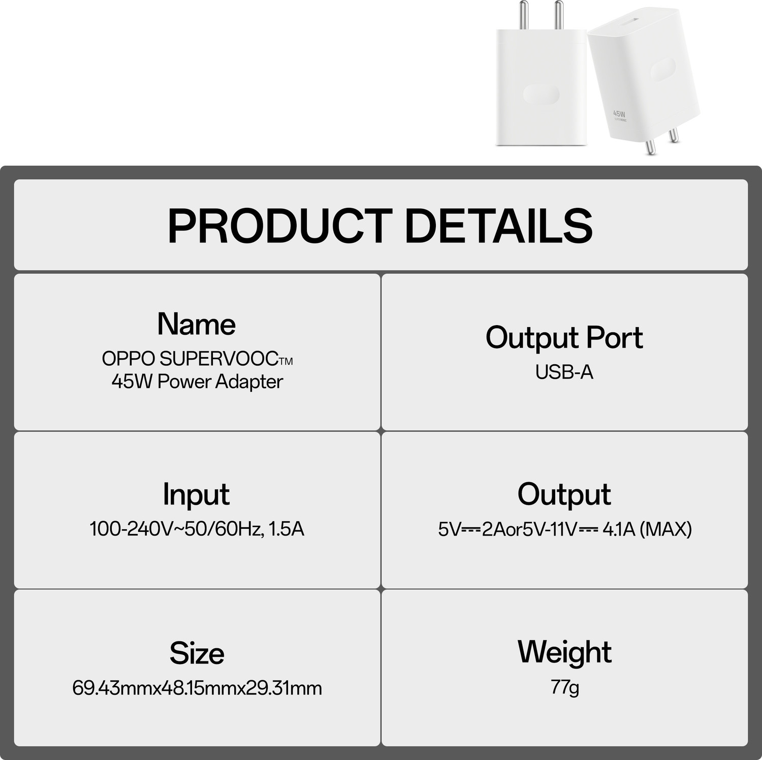Image of OPPO 45 W SuperVOOC Single Port Mobile Charger with Detachable Cable