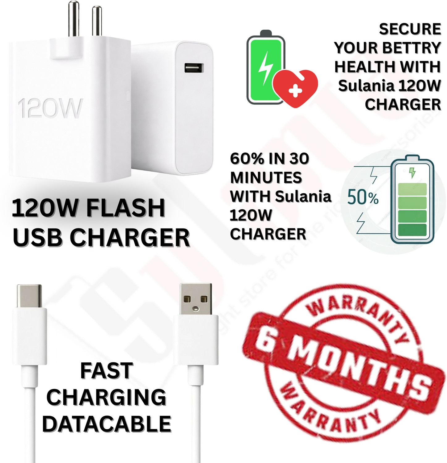 Image of Sulania 120 W Quick Charge 8 A Wall Charger for Mobile with Detachable Cable