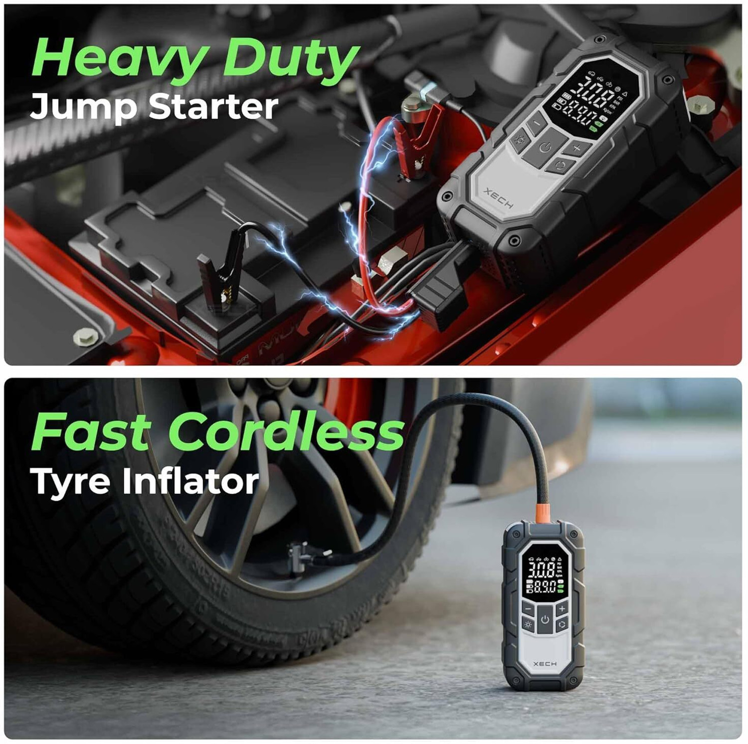 Image of xech 4-in-1 Car Jump Starter with Cordless Tyre Inflator 150 PSI Portable JumpX 800A 1.5 ft Battery Jumper Starter