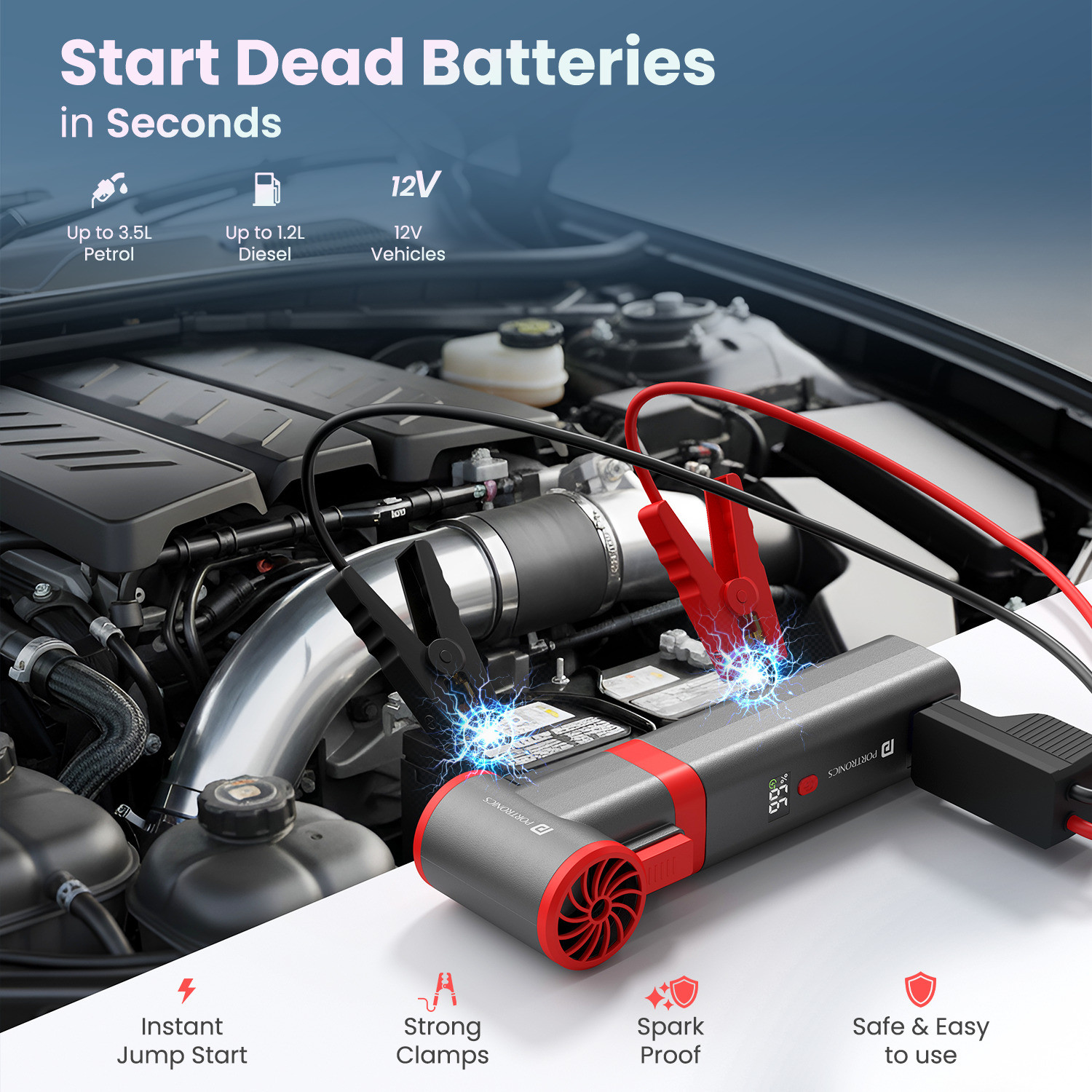Image of Portronics Volt Blast 2-in-1 Car Jump Starter & High-Speed Air Blower, 12V Engine Booster 1.25 ft Battery Jumper Starter