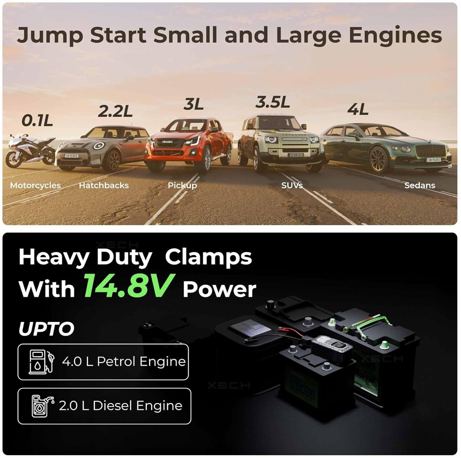 Image of xech 4-in-1 Car Jump Starter with Cordless Tyre Inflator 150 PSI Portable JumpX 800A 1.5 ft Battery Jumper Starter