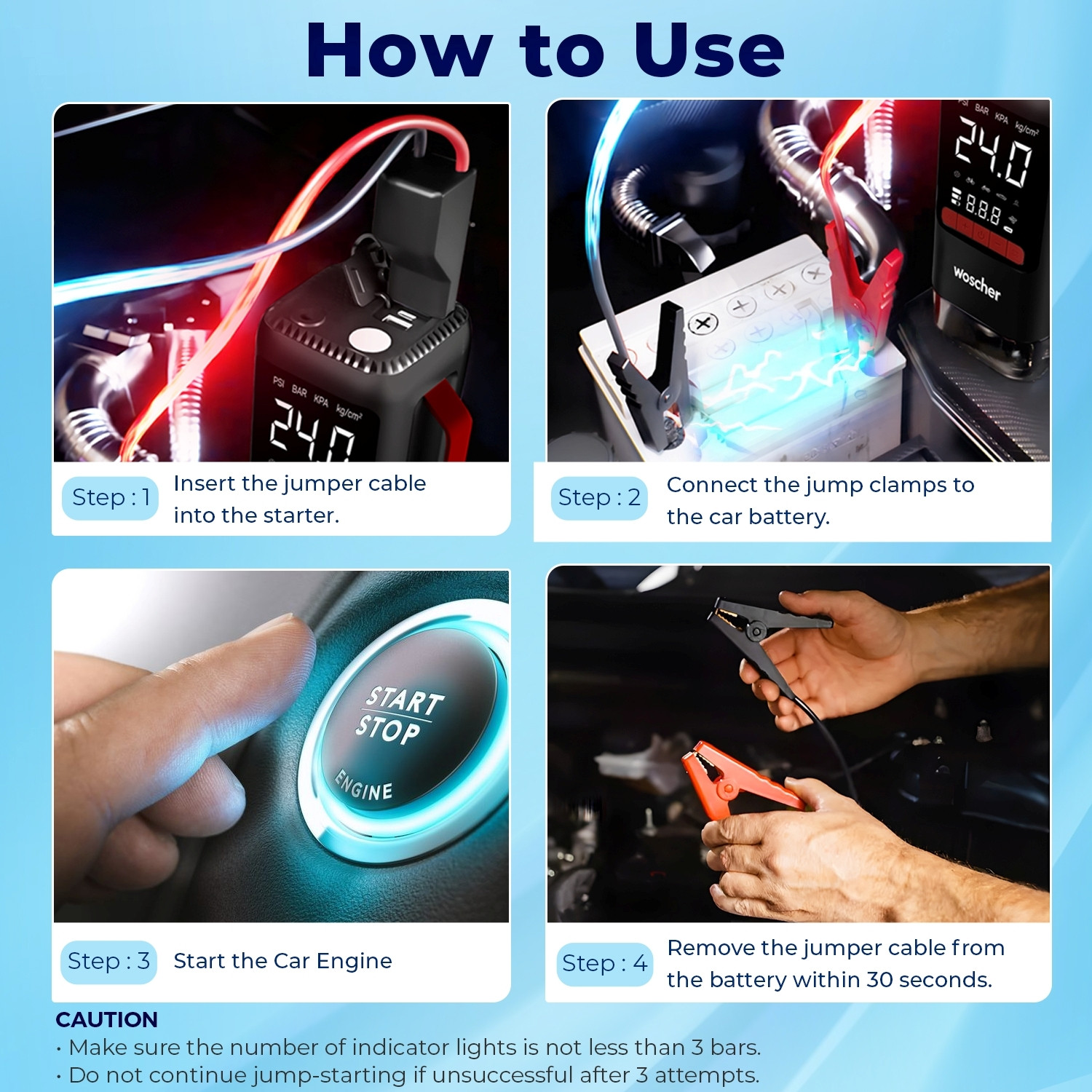 Image of Woscher i5 6in1 Portable Car Jump Starter|150 PSI Digital Tyre Inflator & Vacuum Cleaner 1 ft Battery Jumper Starter