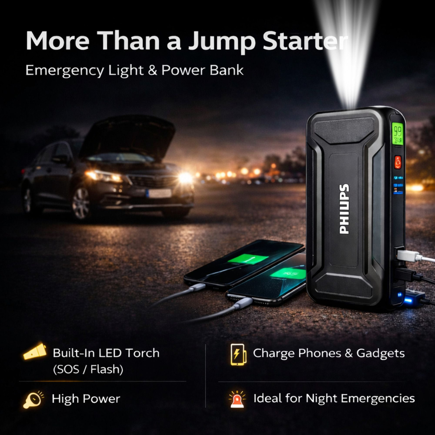 Image of PHILIPS Jump starter for car | Start up to 4.0L Gasoline and 3.0L Diesel Engines | 10 ft Battery Jumper Starter