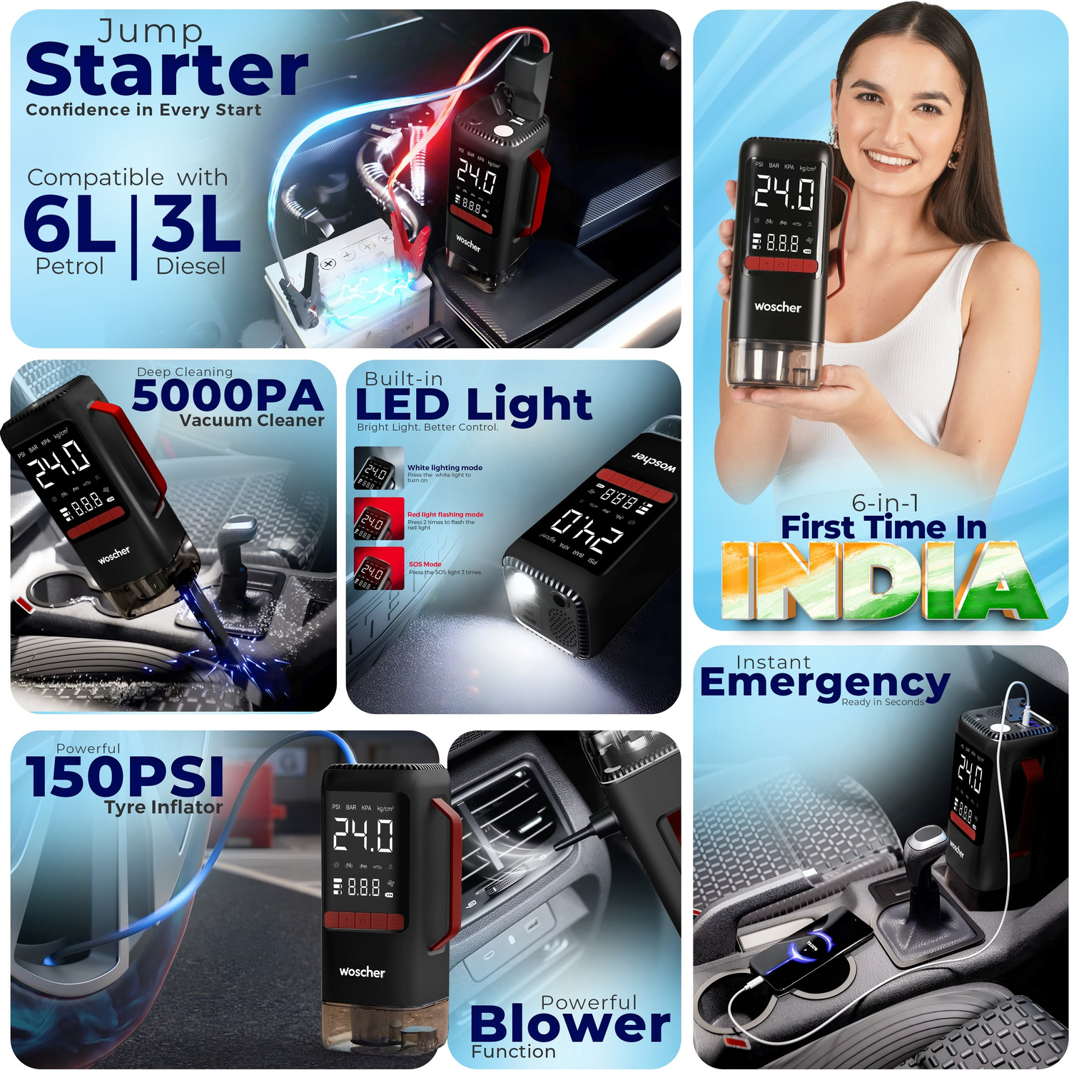 Image of Woscher i5 6in1 Portable Car Jump Starter|150 PSI Digital Tyre Inflator & Vacuum Cleaner 1 ft Battery Jumper Starter