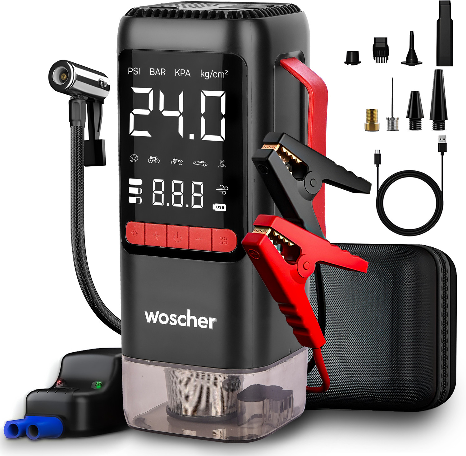 Image of Woscher i5 6in1 Portable Car Jump Starter|150 PSI Digital Tyre Inflator & Vacuum Cleaner 1 ft Battery Jumper Starter