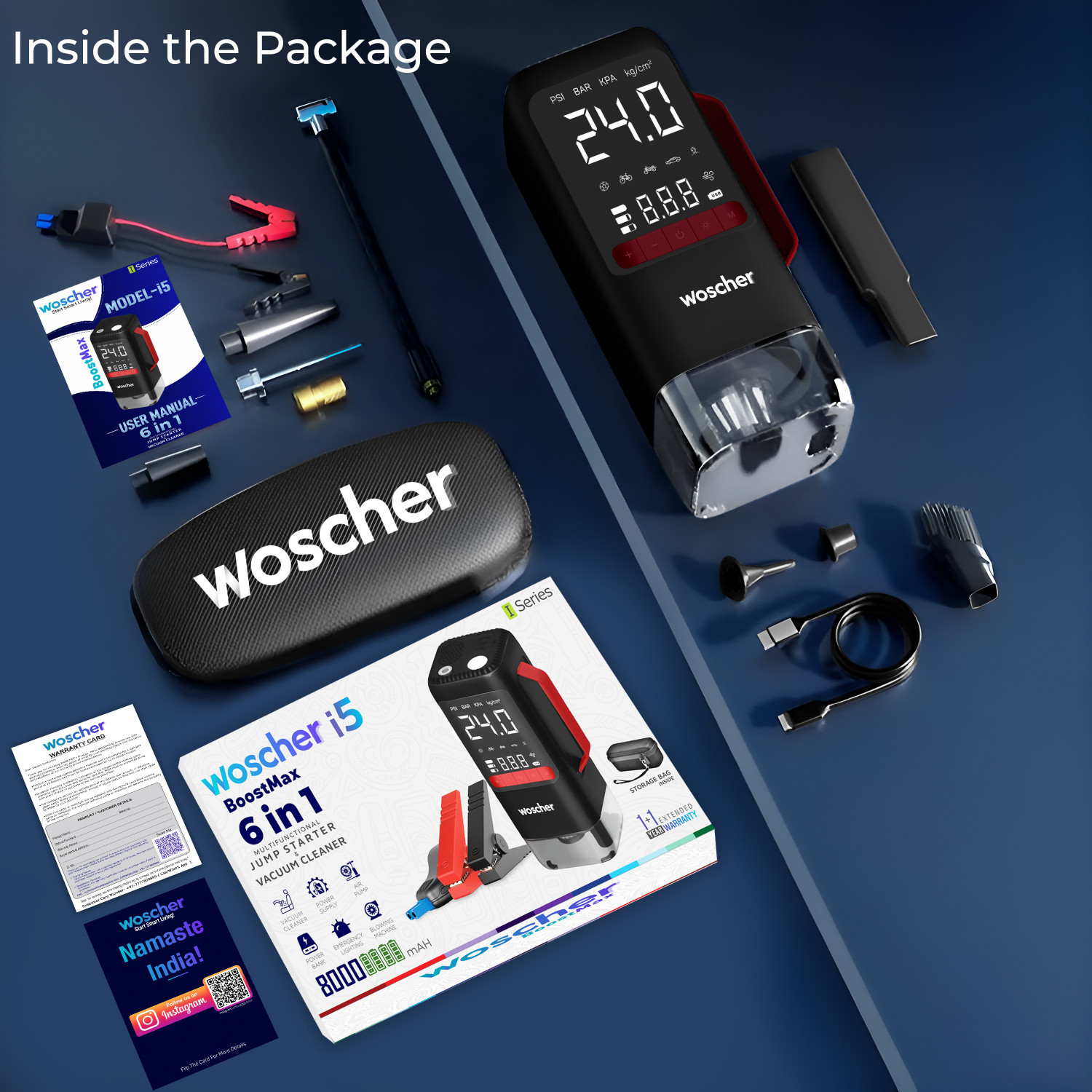 Image of Woscher i5 6in1 Portable Car Jump Starter|150 PSI Digital Tyre Inflator & Vacuum Cleaner 1 ft Battery Jumper Starter