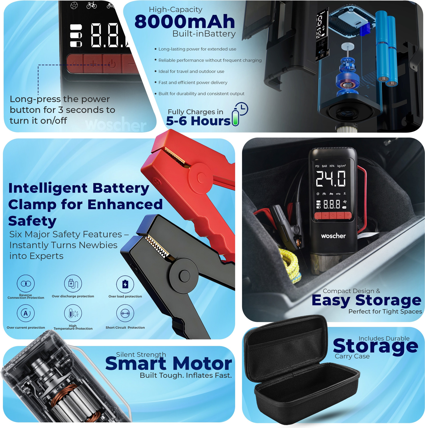 Image of Woscher i5 6in1 Portable Car Jump Starter|150 PSI Digital Tyre Inflator & Vacuum Cleaner 1 ft Battery Jumper Starter