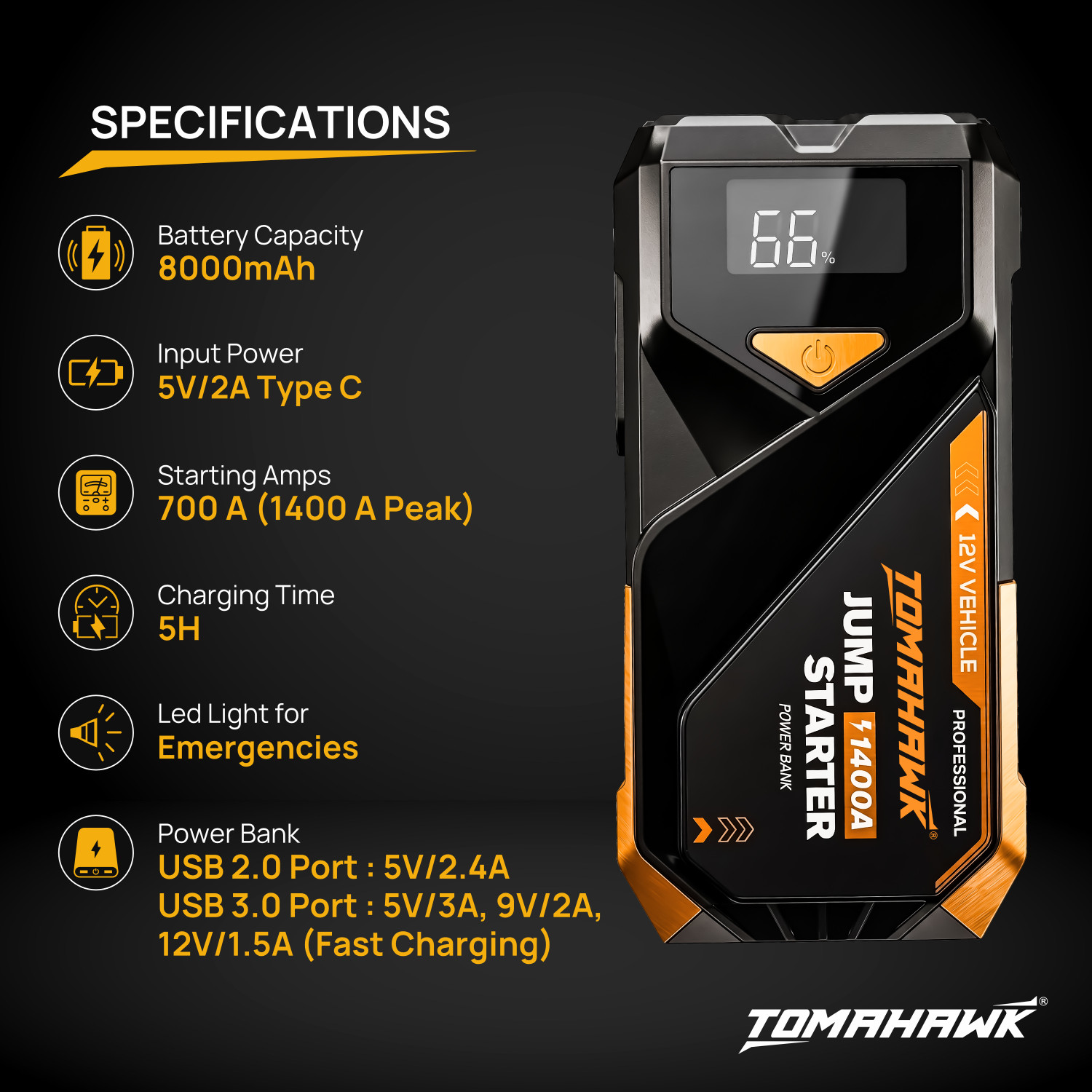 Image of Tomahawk JUM-5635 8000mAh Fast-Charging Jump Starter PowerBank 0 ft Battery Jumper Starter