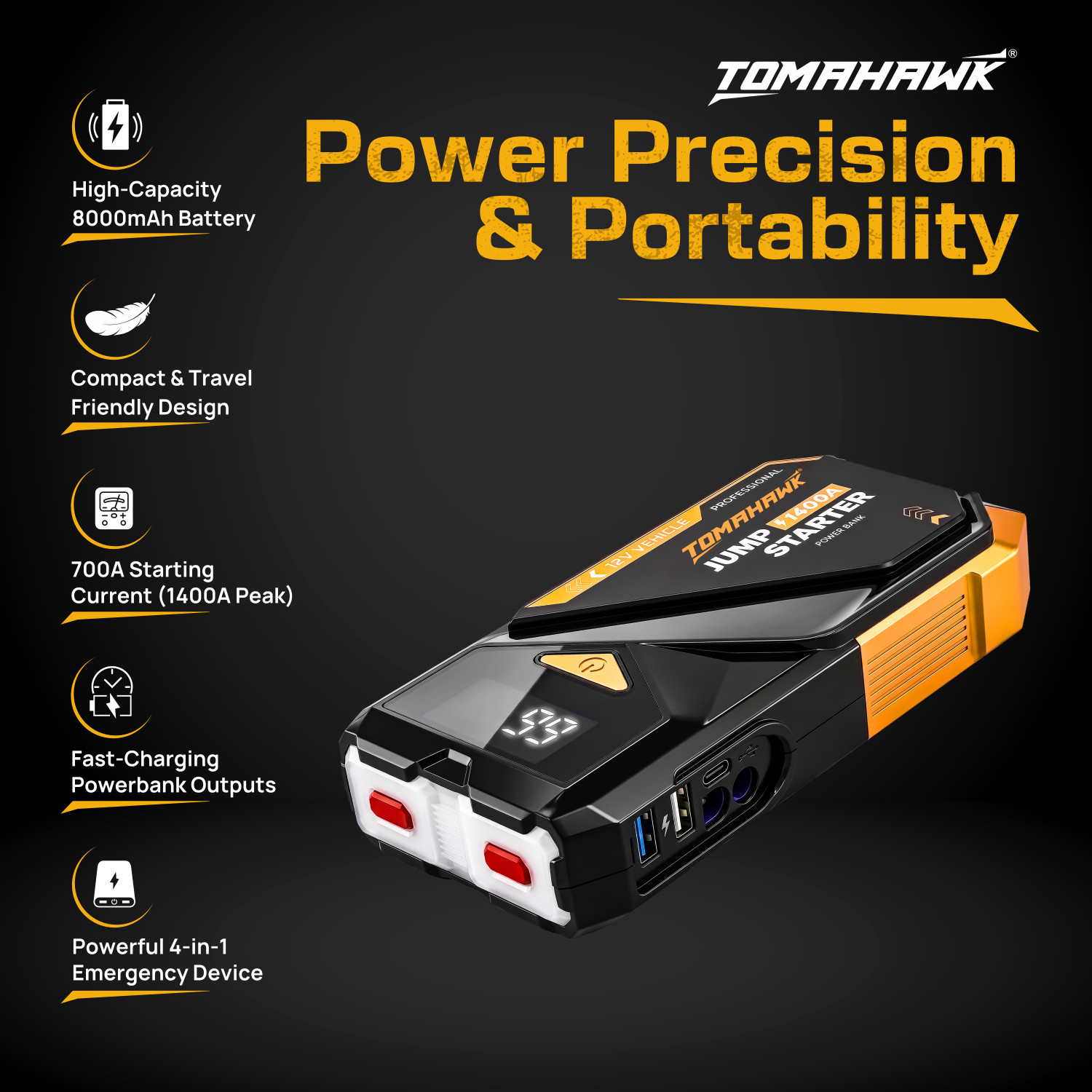 Image of Tomahawk JUM-5635 8000mAh Fast-Charging Jump Starter PowerBank 0 ft Battery Jumper Starter