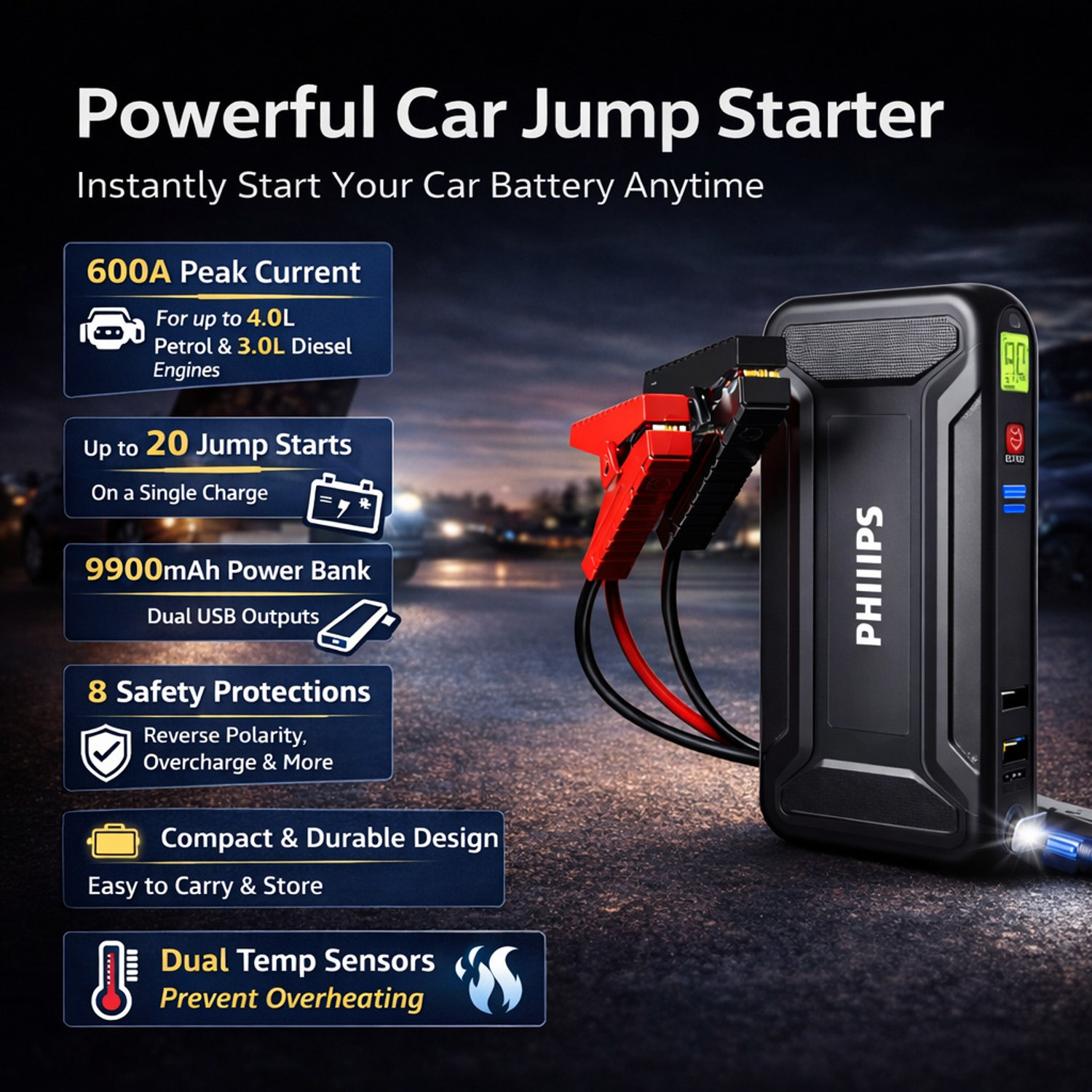 Image of PHILIPS Jump starter for car | Start up to 4.0L Gasoline and 3.0L Diesel Engines | 10 ft Battery Jumper Starter