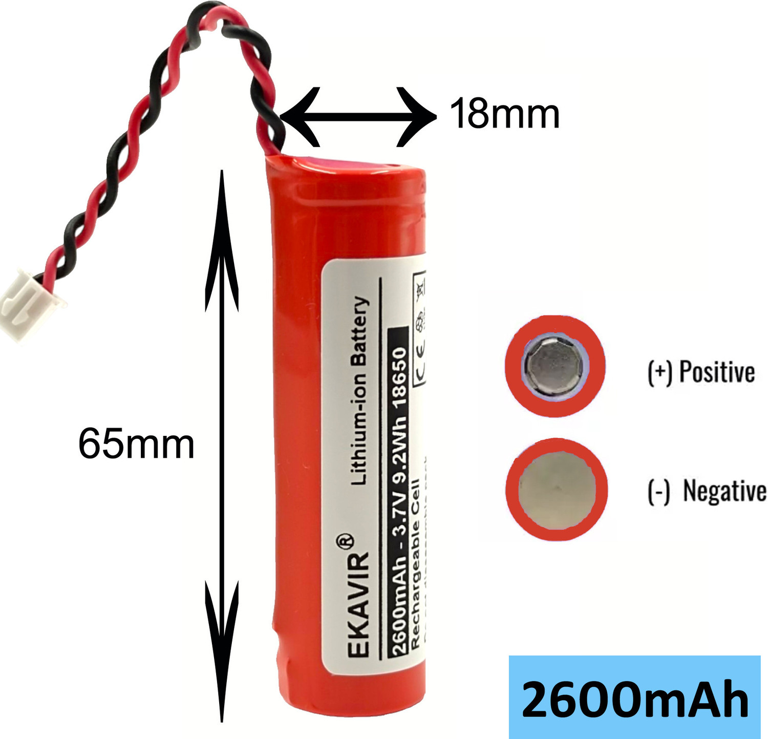 Image of Ekavir 2600mAh 18650, 3.7V Long-Lasting with Wired Li-ion , Size: 65X18mm Battery