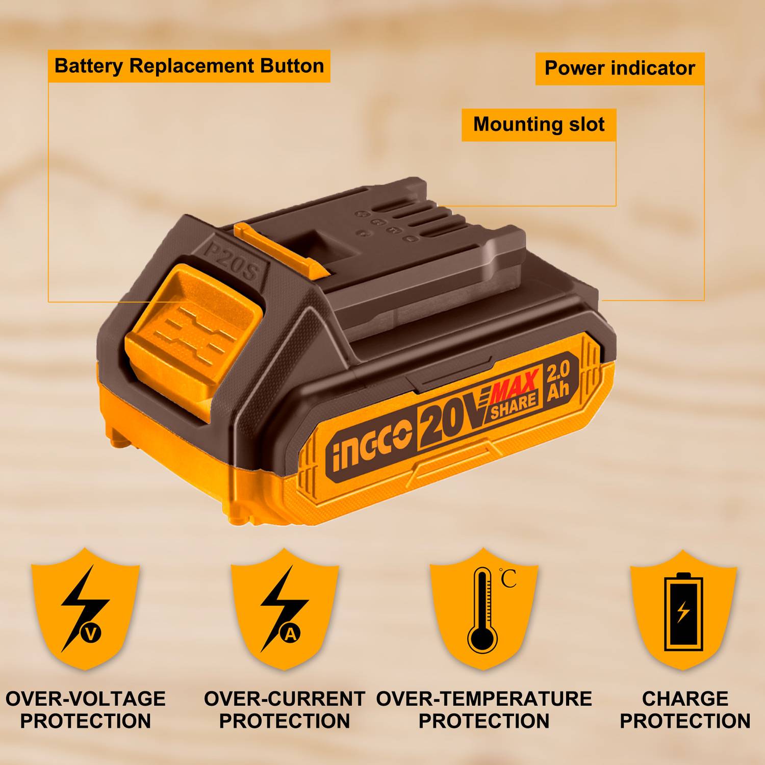 INGCO 20V 2.0Ah Lithium-Ion Battery - Image 2