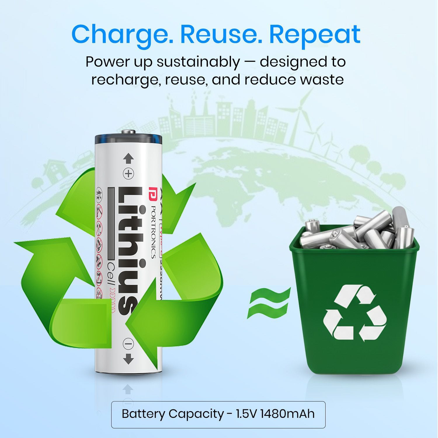 Image of Portronics AA Lithius Type C Rechargeable Batteries , Pack of 2 , Upto 1480mAh Capacity Battery