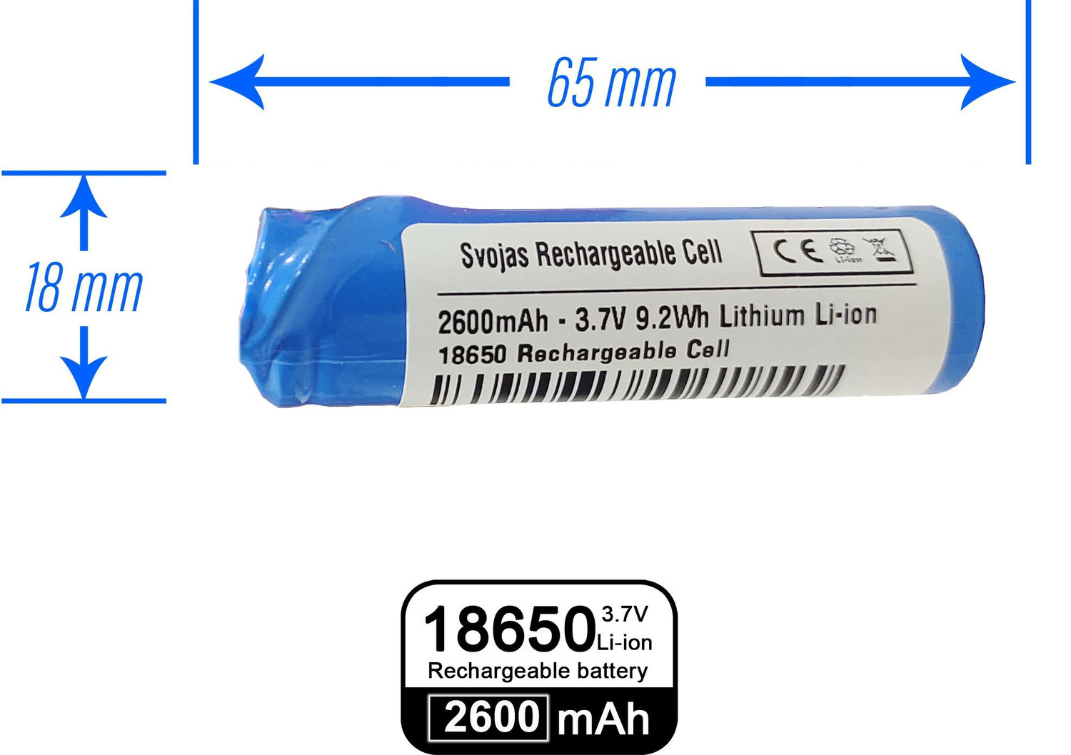 Image of Svojas Lithium Rechargeable 3.7 Volt 18650 2600 mAh 3 Pcs Battery