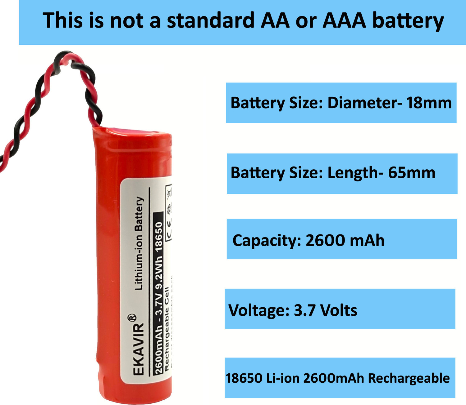 Image of Ekavir 2600mAh 18650, 3.7V Long-Lasting with Wired Li-ion , Size: 65X18mm Battery