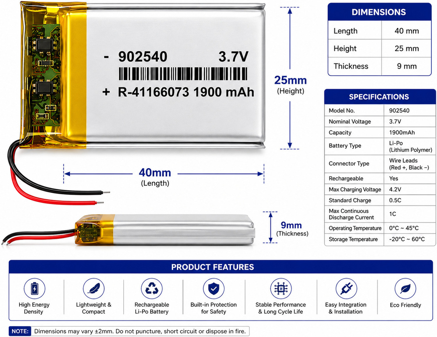 Image of NOVEL 3.7V 902540 1900mAh LITHIUM POLYMER BATTERY Battery