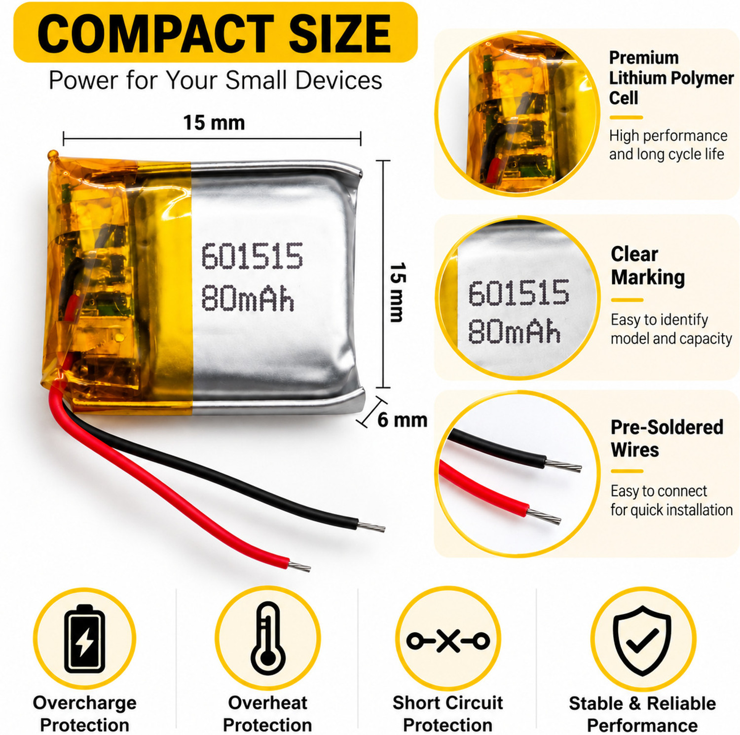 Image of NOVEL 3.7V 80mAh 601515 Rechargeable LiPo Battery