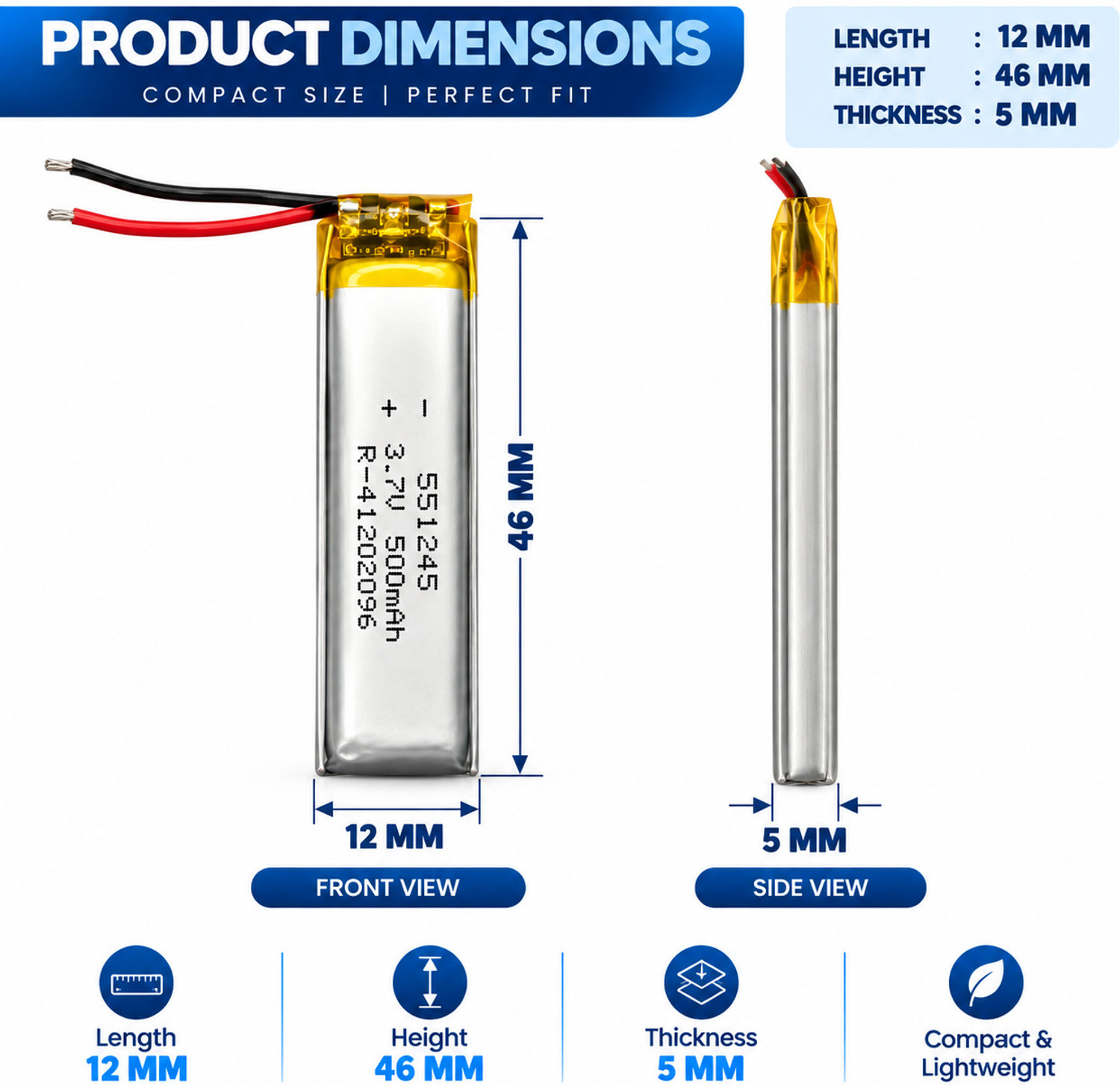 Image of NOVEL 551245 , 3.7V 500mAh Lithium Polymer Li-Po Rechargeable Battery