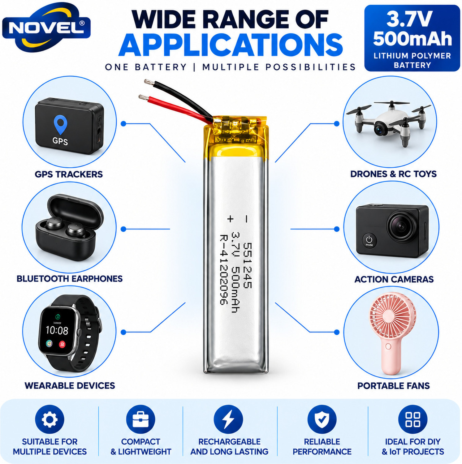 Image of NOVEL 551245 , 3.7V 500mAh Lithium Polymer Li-Po Rechargeable Battery
