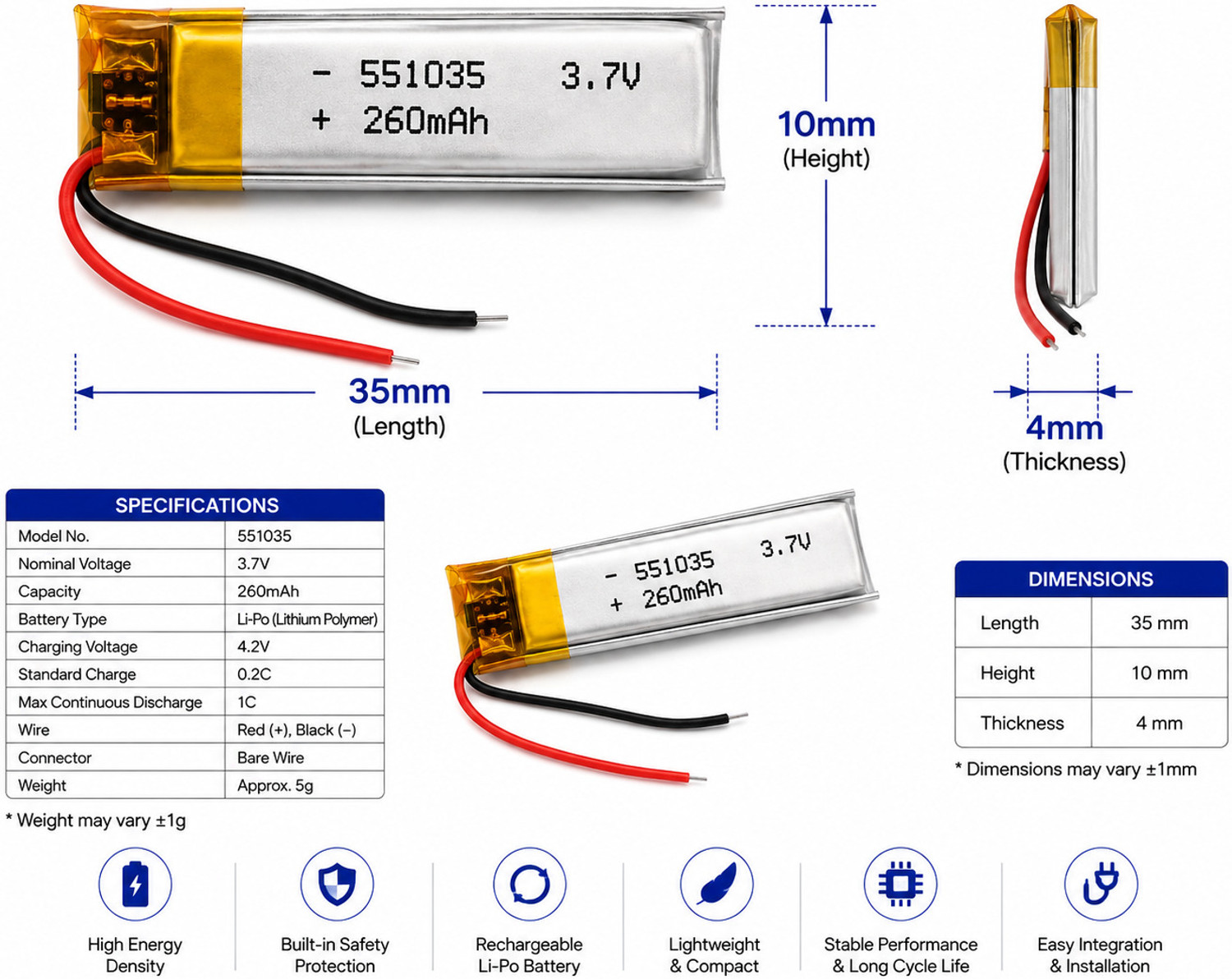 Image of NOVEL 3.7V 260mAh 551035 LITHIUM POLYMER BATTERY Battery