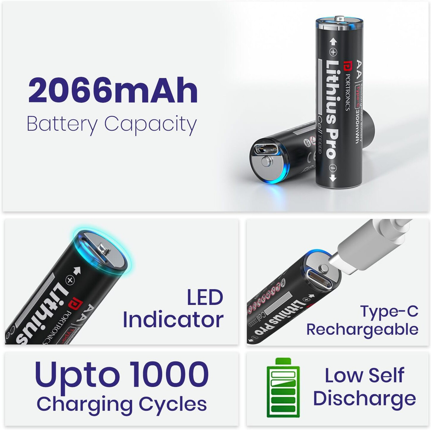 Image of Portronics AA Lithius Pro Type C Rechargeable Batteries,Pack of 2,2066mAh Capacity Battery