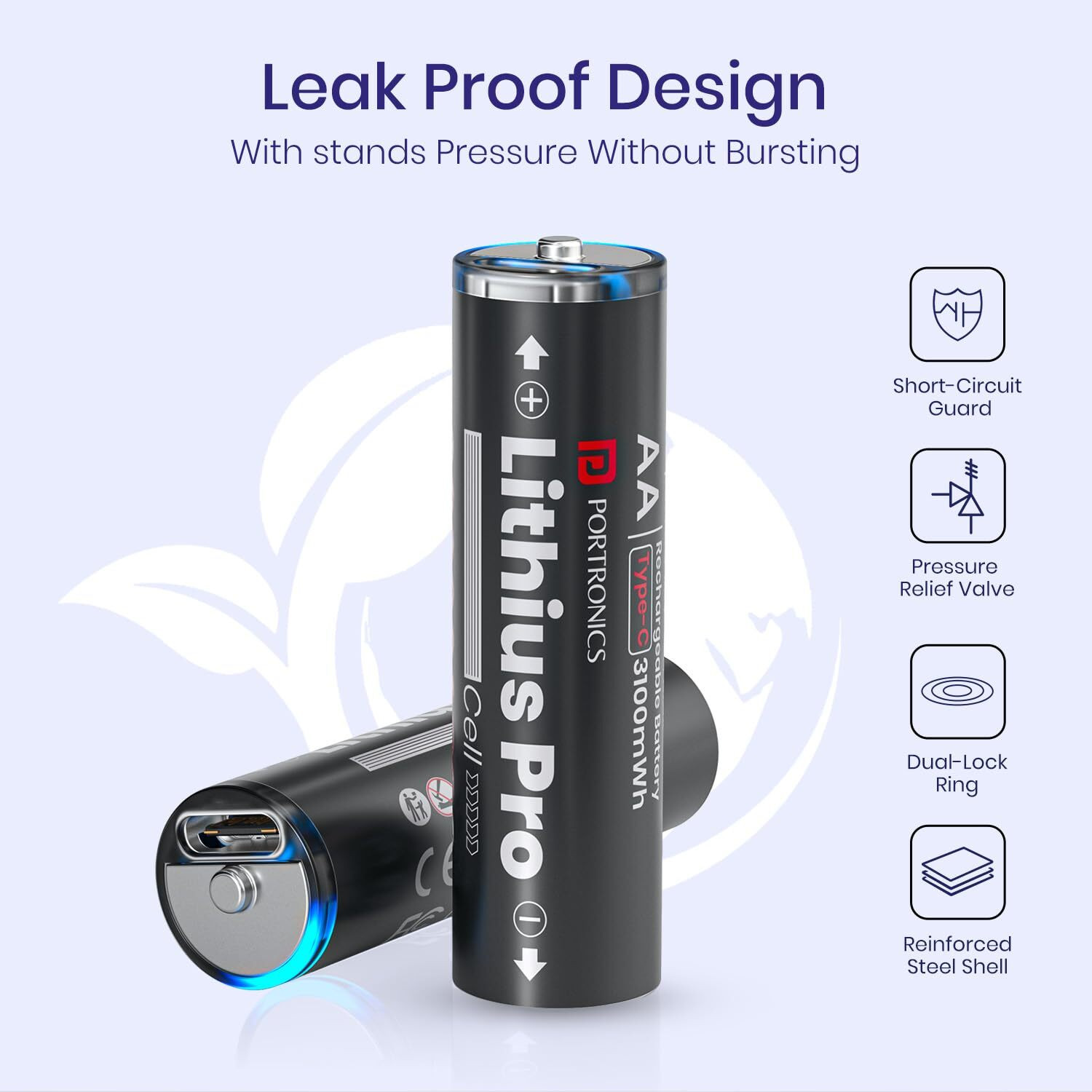 Image of Portronics AA Lithius Pro Type C Rechargeable Batteries,Pack of 2,2066mAh Capacity Battery