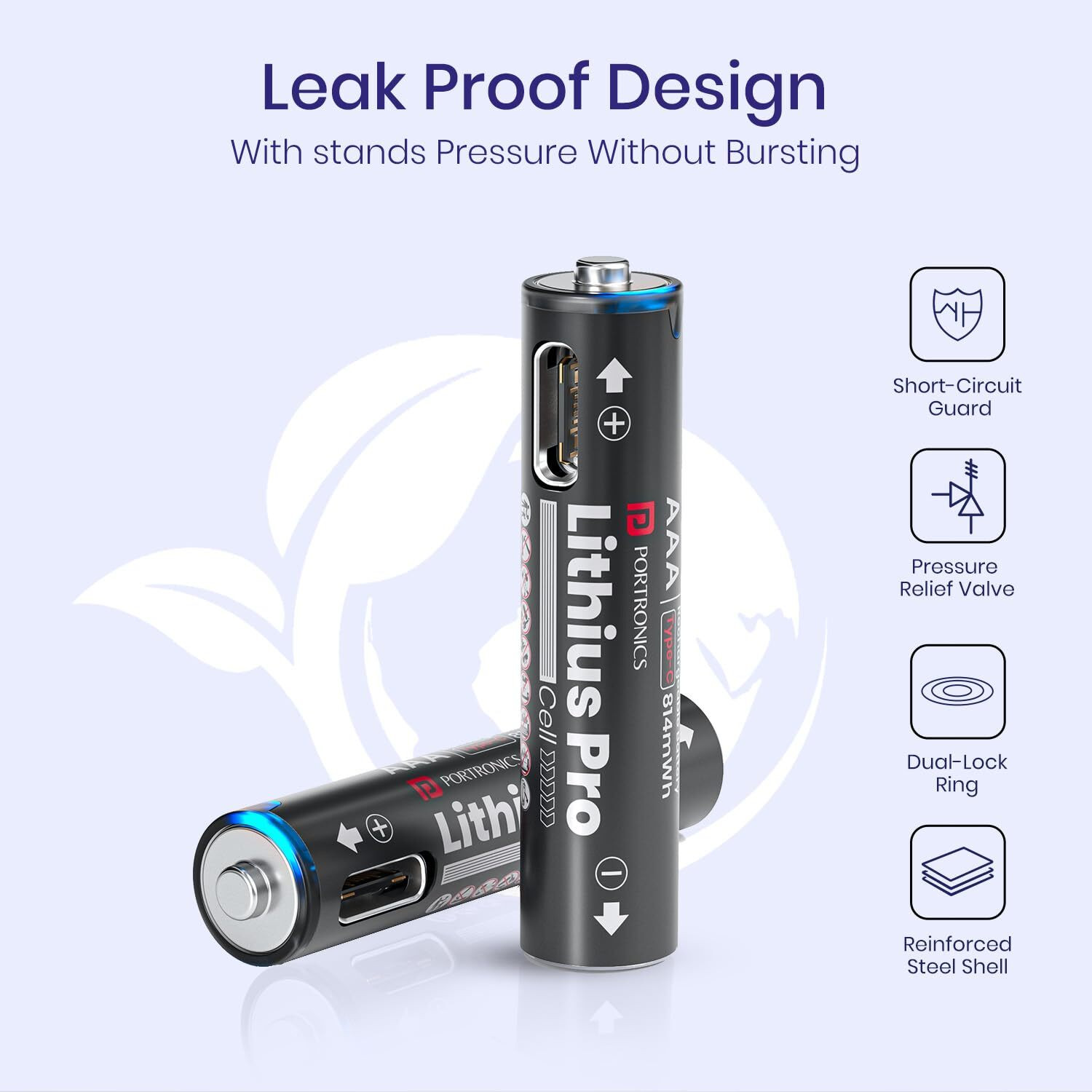 Image of Portronics AAA Lithius Pro Type C Rechargeable Batteries, Pack of 2,542mAh Capacity Battery