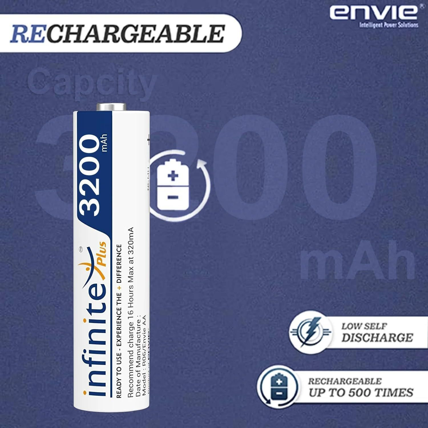 Image of Envie 3200 mAh AA x 4 Ni-MH Infinite Plus High Capacity Rechargeable Ready to Use Battery