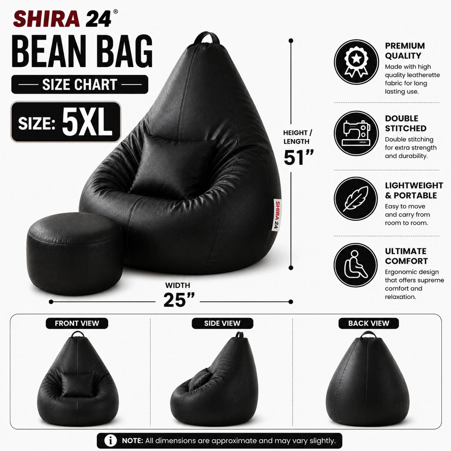 SHIRA 24 5XL Tear Drop Bean Bag Cover Black - Image 3