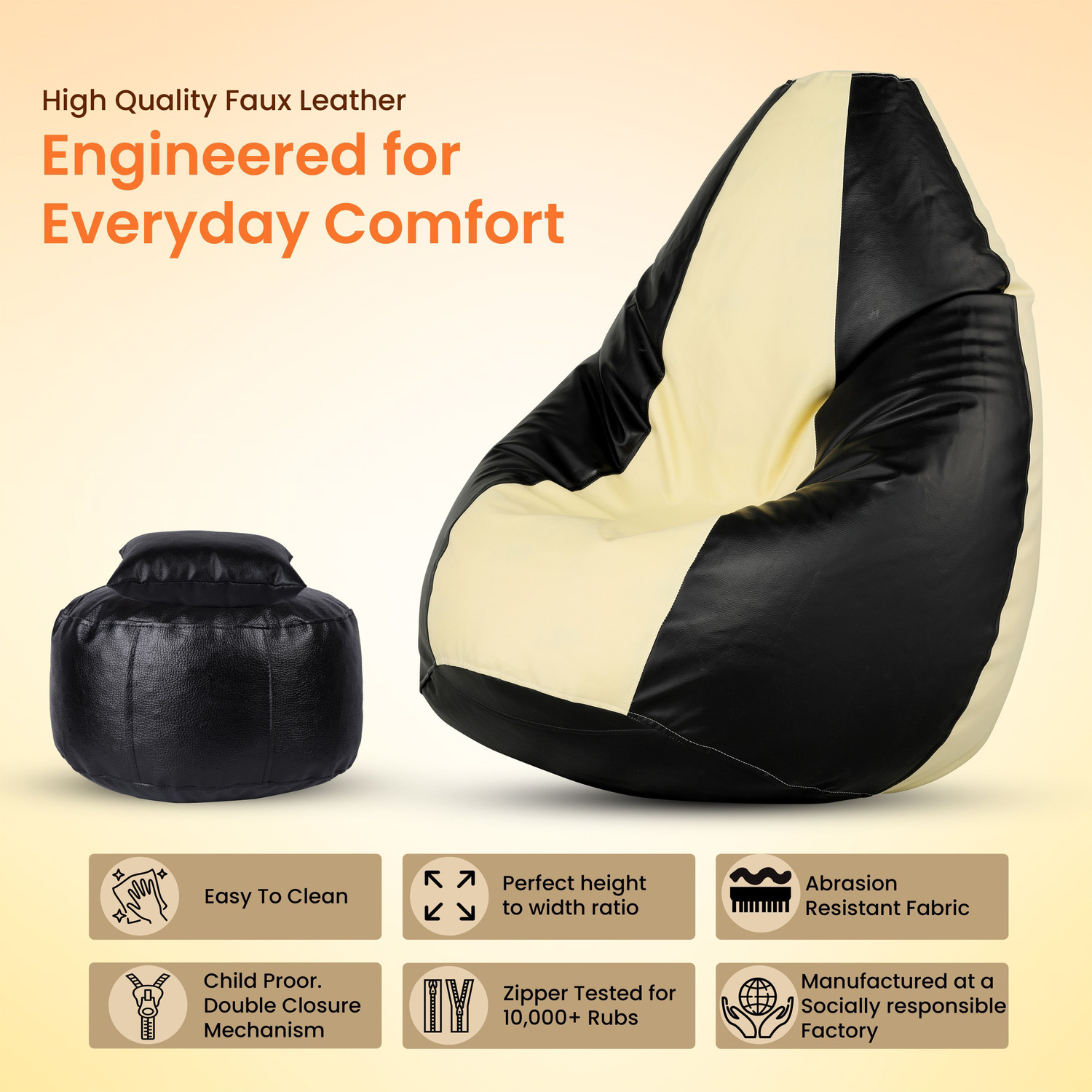 Image of Flipkart Perfect Homes Studio Jumbo Bean Bag with Footstool & Cushion | Faux Leather Teardrop Bean Bag With Bean Filling