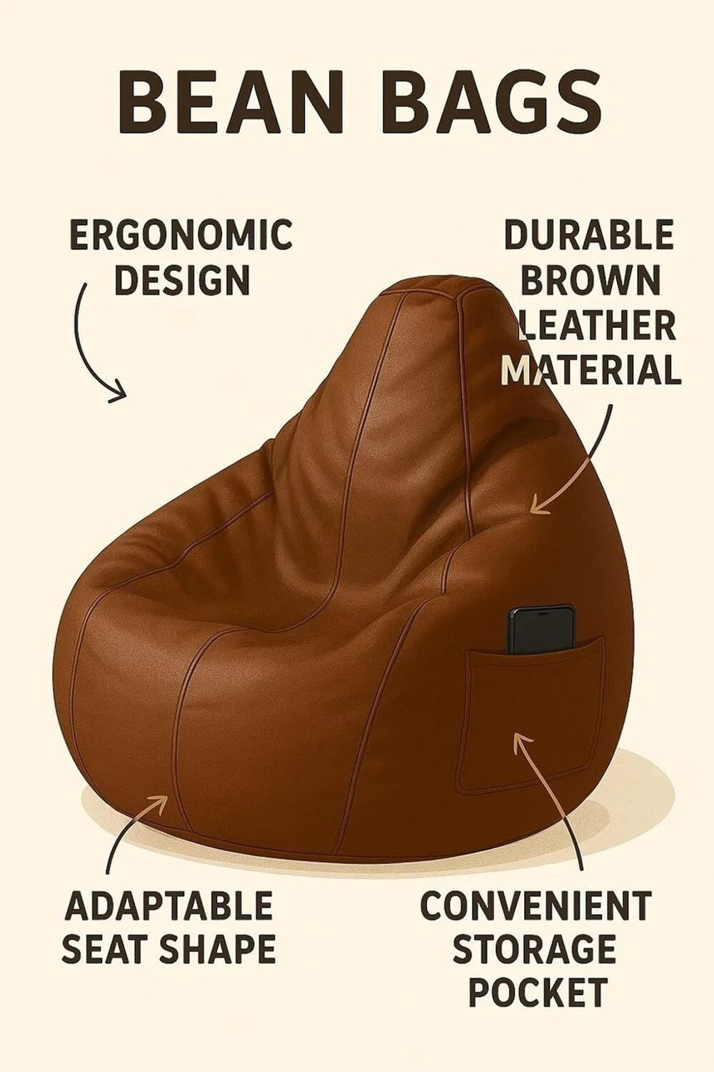 Image of SHOP 24 CARE XXL Premium Faux Leather 2XL Bean Bag, Filled with Beans Bean Bag Chair With Bean Filling
