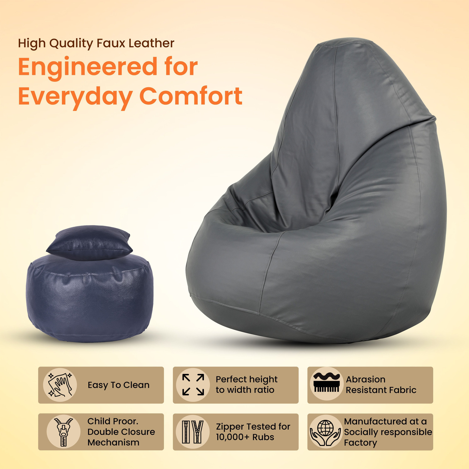 Image of Flipkart Perfect Homes Studio 4XL Bean Bag with Footstool & Cushion | Faux Leather Teardrop Bean Bag With Bean Filling