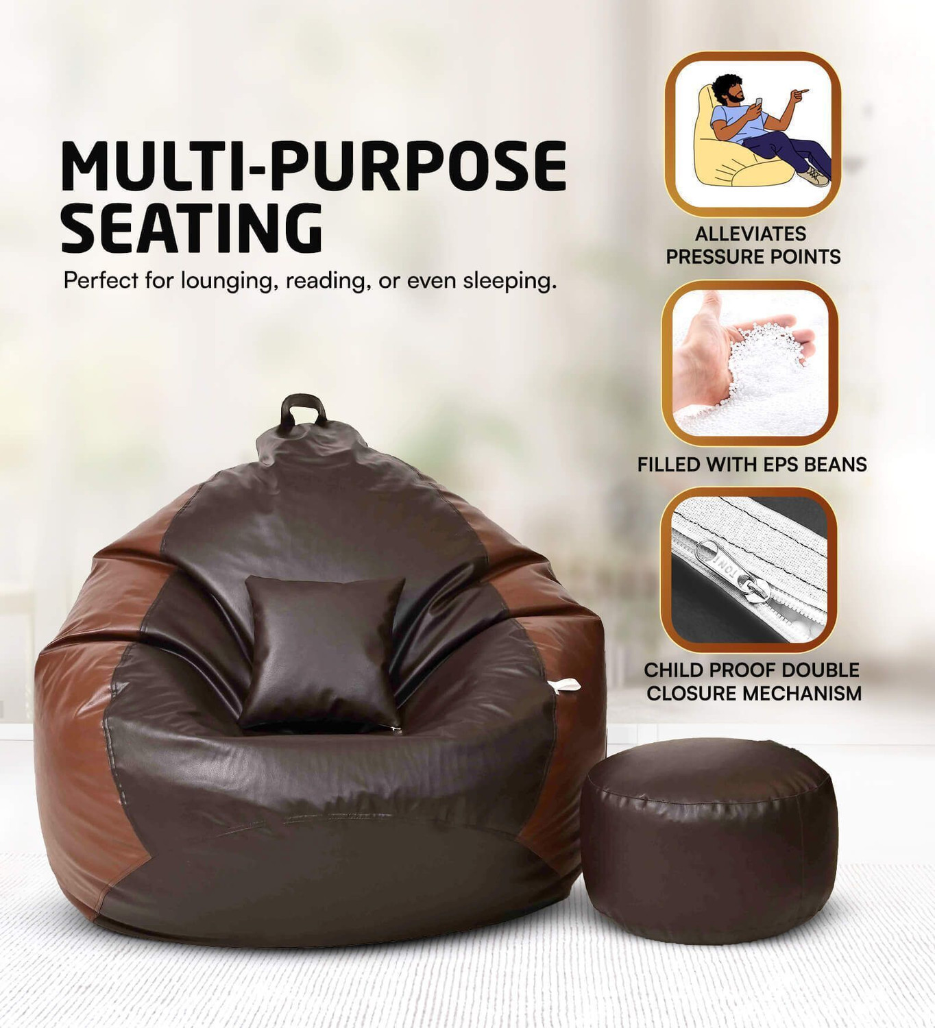 Image of Mintwud from Pepperfry XXXL Squivo Leatherette Bean Bag Filled with Bean With Footrest In Brown & Tan Color Bean Bag Sofa With Bean Filling