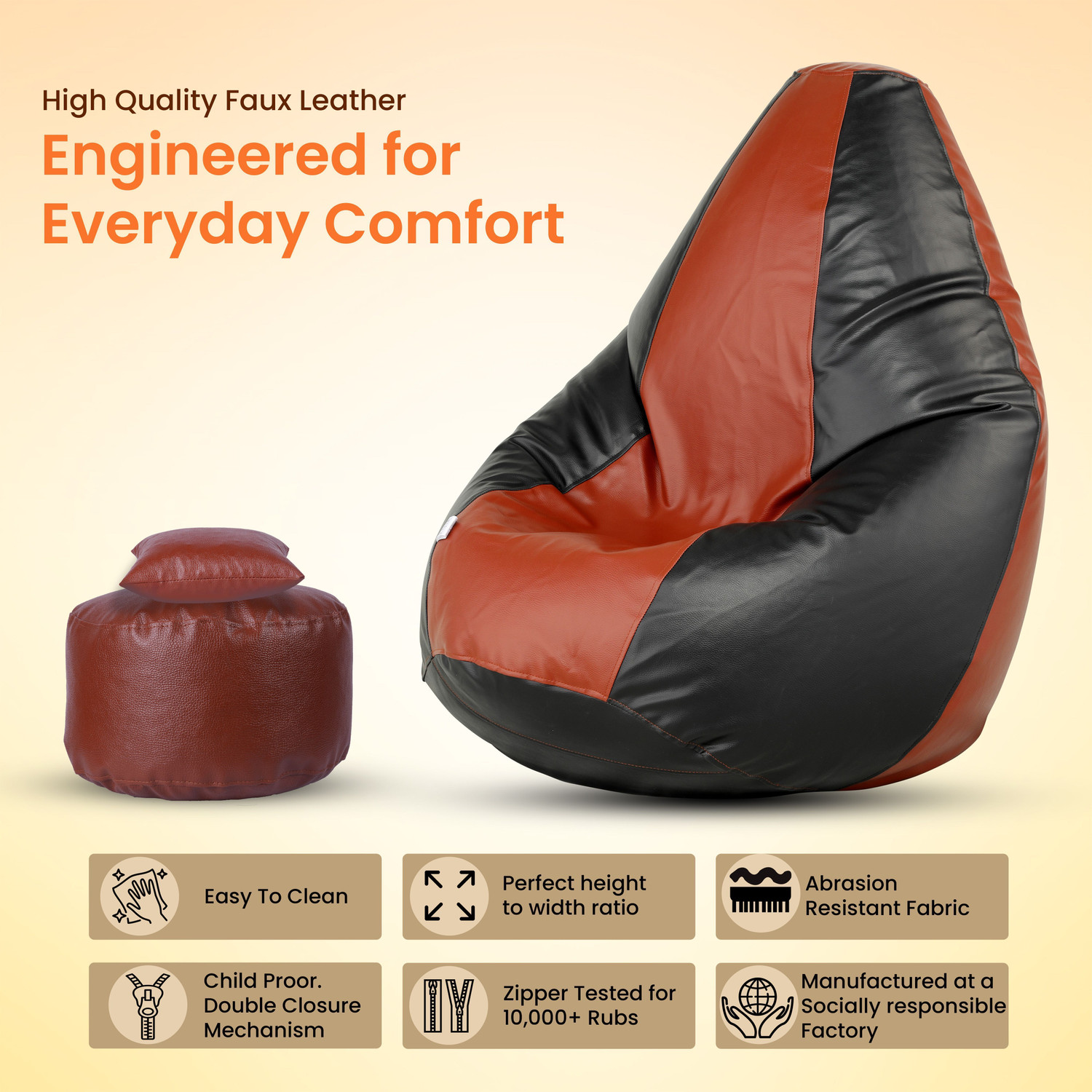 Image of Flipkart Perfect Homes Studio 4XL Bean Bag with Footstool & Cushion | Faux Leather Teardrop Bean Bag With Bean Filling