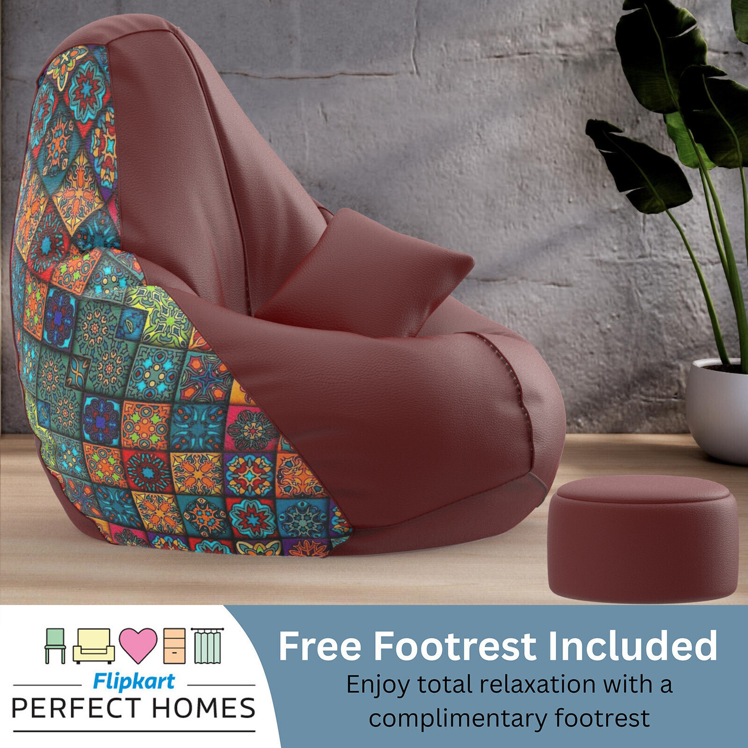 Image of Flipkart Perfect Homes 5XL PatternPuff Bag With Free Cushion and Puffy, Patterns 01 -Maroon Teardrop Bean Bag With Bean Filling (Multicolor)